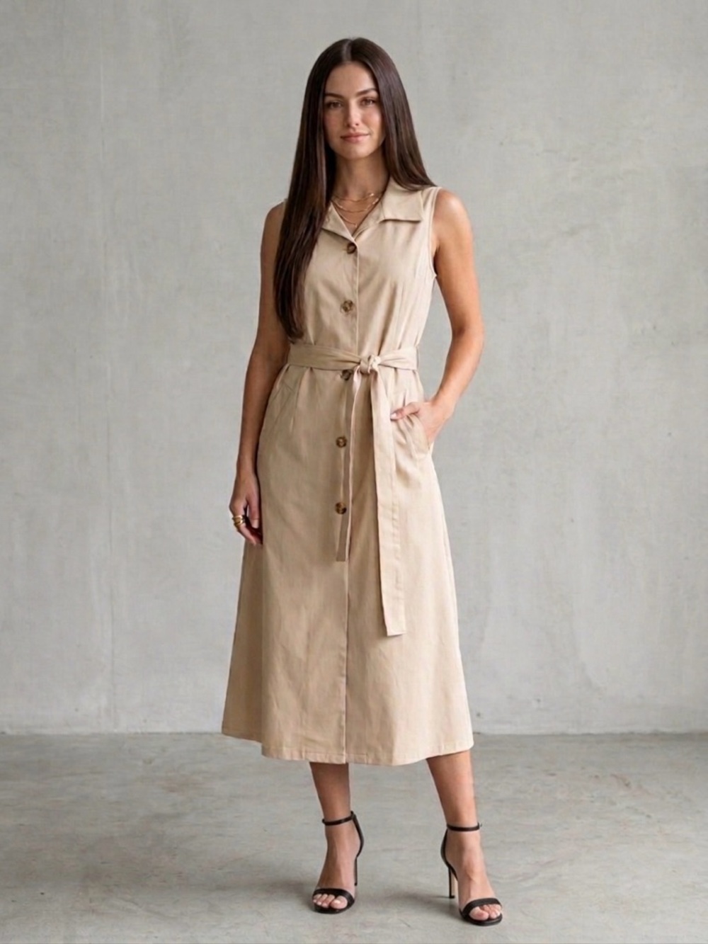 Sleeveless Button-Front Midi Shirt Dress in Beige Khaki